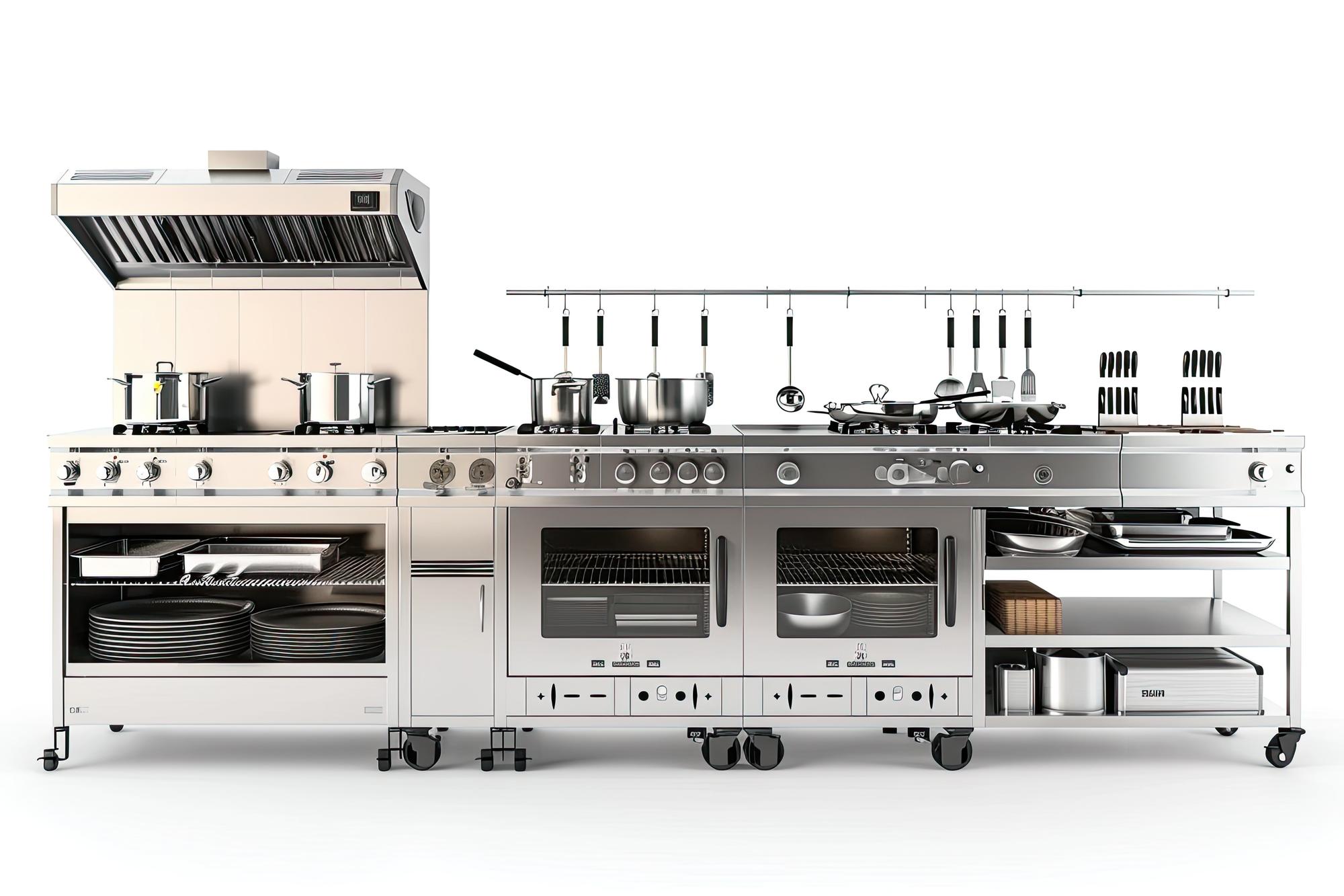 Interno atelier di cucina con attrezzature e banchi