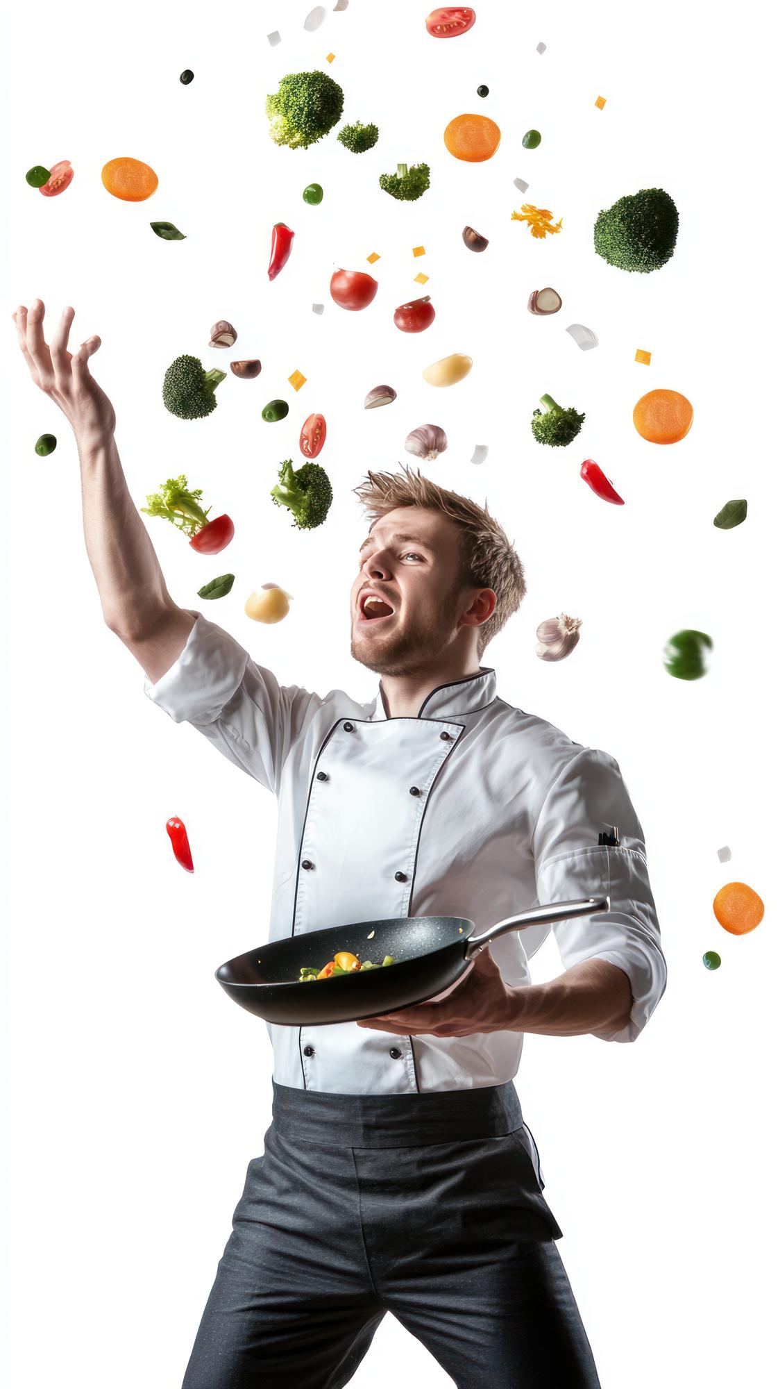 Chef che spadella ingredienti colorati in cucina moderna